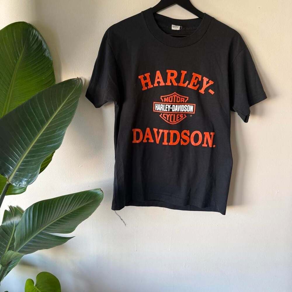 Vintage Harley-Davidson Screen Stars T-Shirt Medium Black Orange Bar Shield